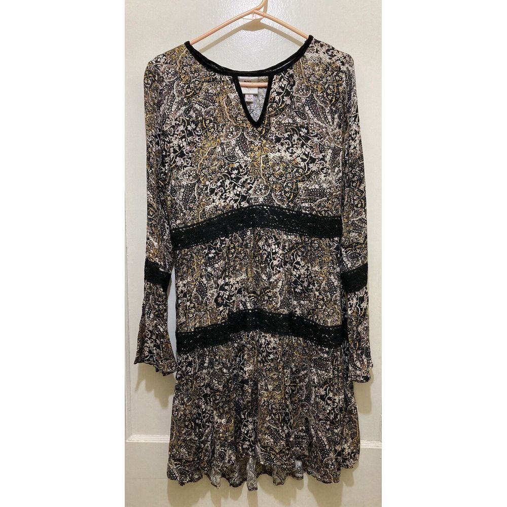 Knox Rose Velvet Keyhole Dress M Brown Floral Lace Trim Peasant Cottagecore Boho